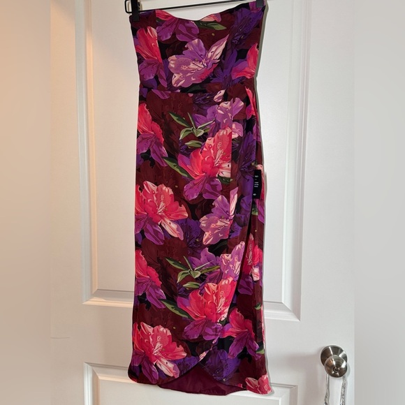 Lulus Burgundy Multi Floral Strapless Tulip Midi Dress - Picture 4 of 16